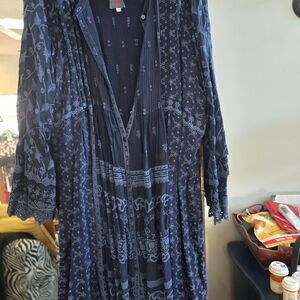 Johnny Was Navy Patterned Long Sleeve Dress